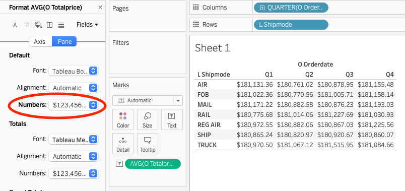 Tableau crosstab showing average order price by quarter and shipment mode with currency formatting - Zoomed